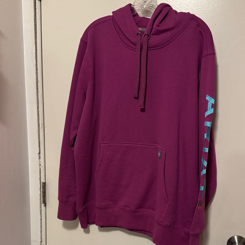 Ariat Magenta Pullover Hoodie with Teal Sleeve Logo